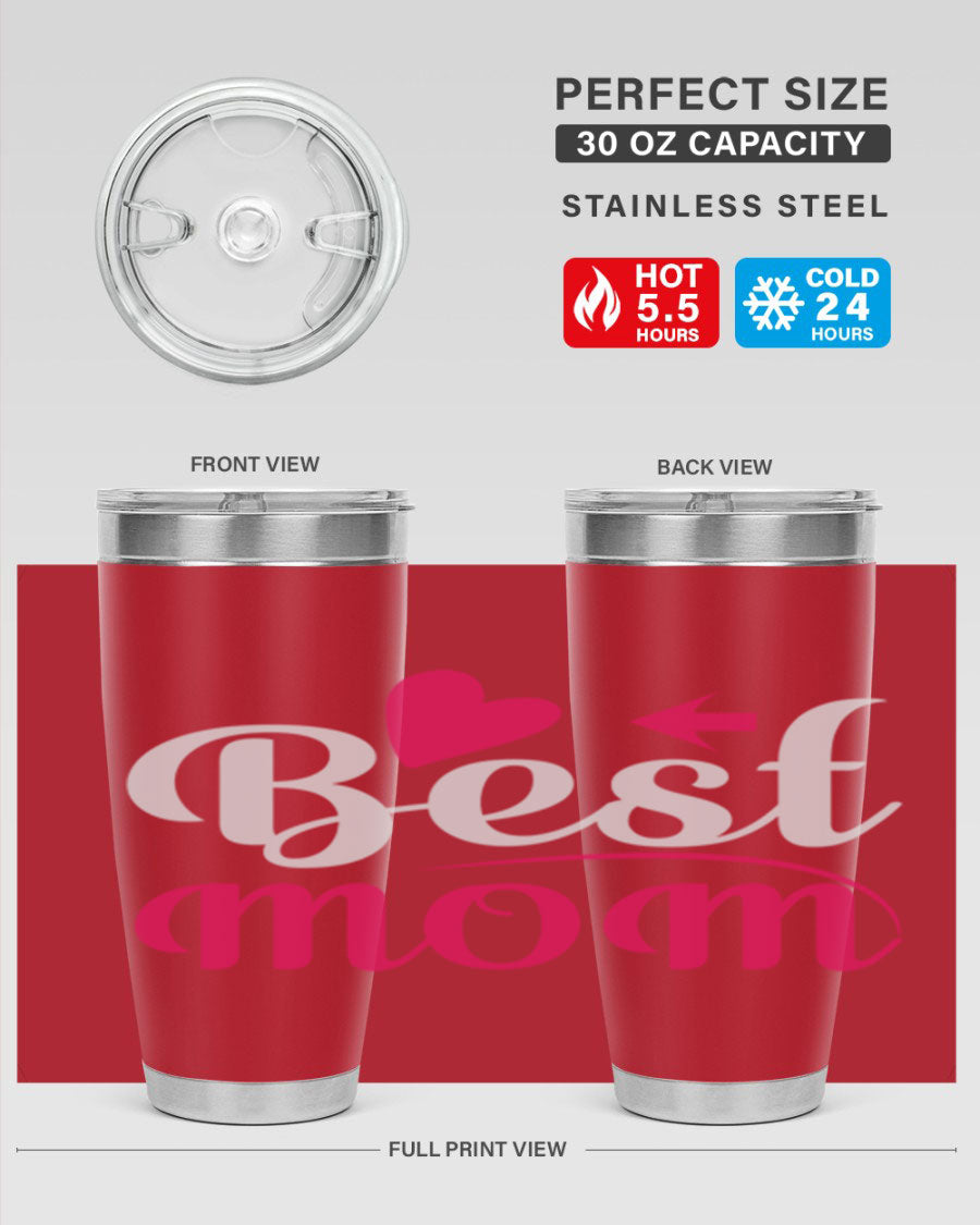 Best mom 201# tumbler in stainless steel with a drink-thru lid, showcasing its sleek design and vibrant print.