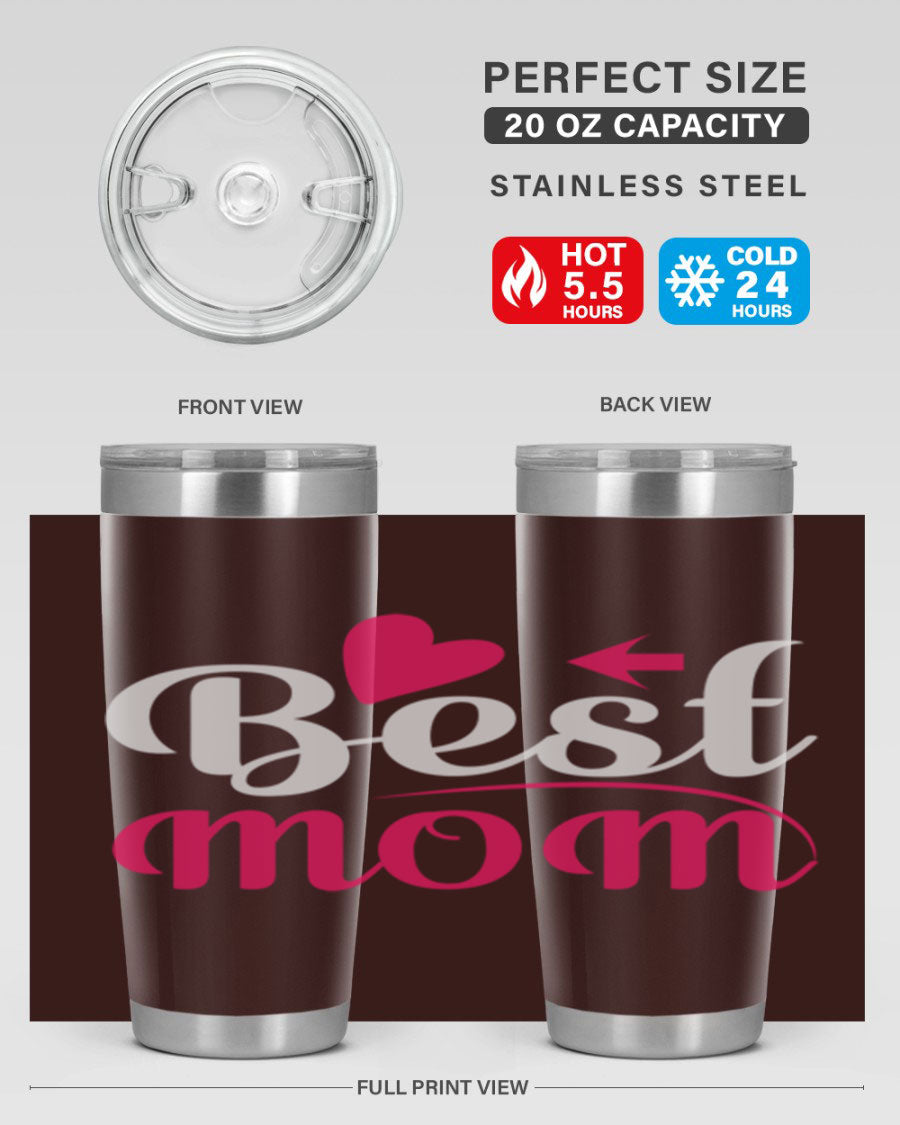 Best mom 201# tumbler in stainless steel with a drink-thru lid, showcasing its sleek design and vibrant print.