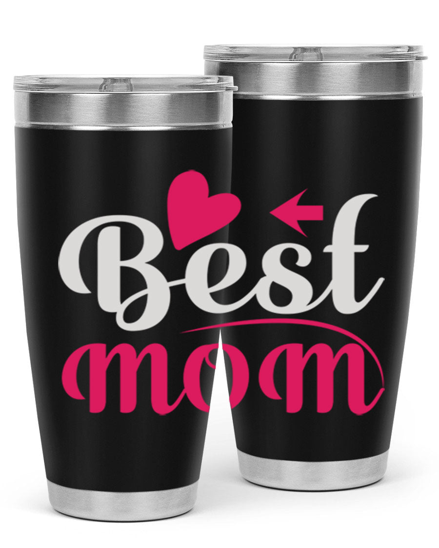 Best mom 201# tumbler in stainless steel with a drink-thru lid, showcasing its sleek design and vibrant print.