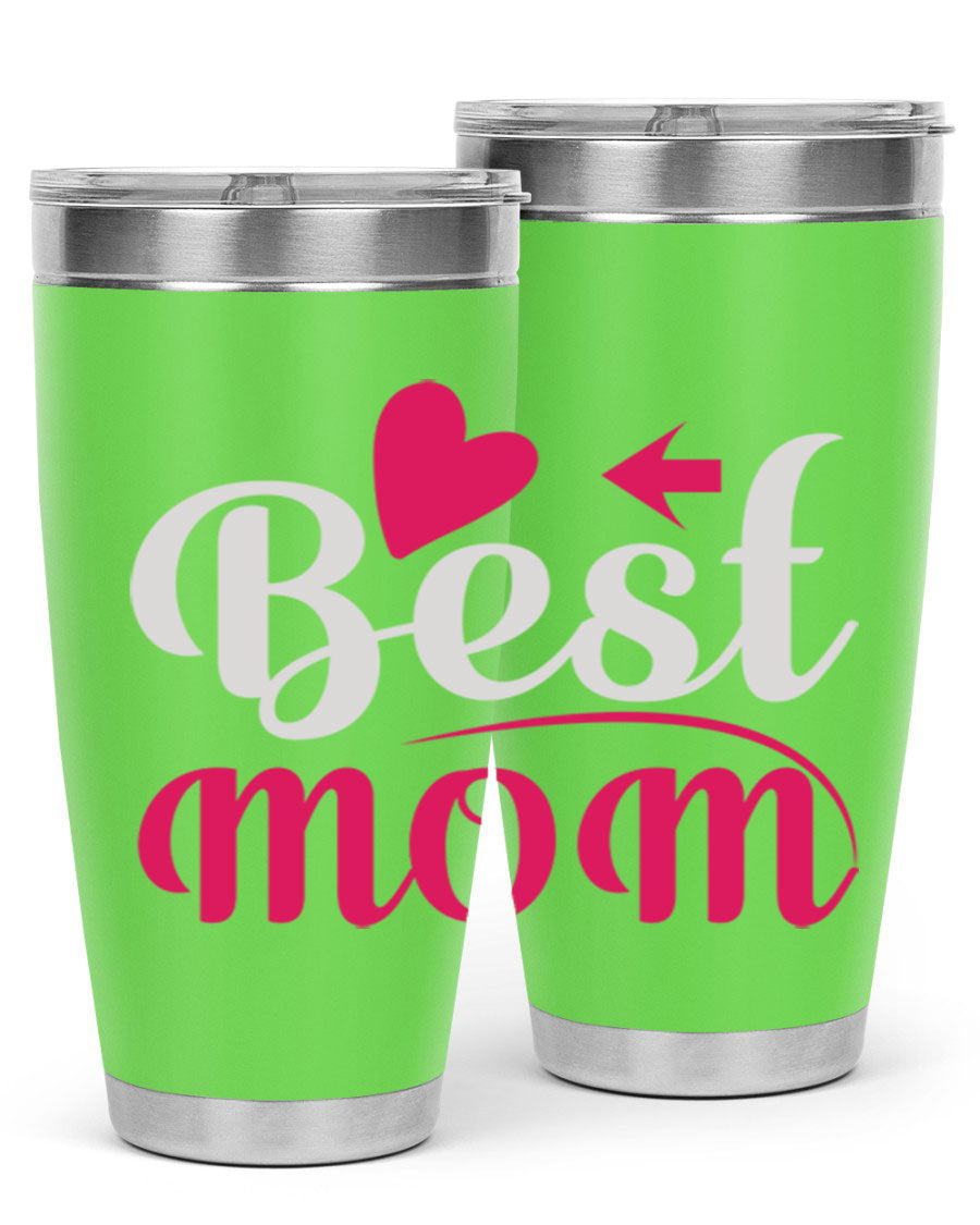 Best mom 201# tumbler in stainless steel with a drink-thru lid, showcasing its sleek design and vibrant print.