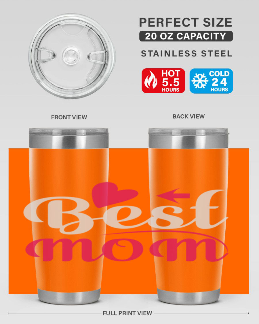 Best mom 201# tumbler in stainless steel with a drink-thru lid, showcasing its sleek design and vibrant print.