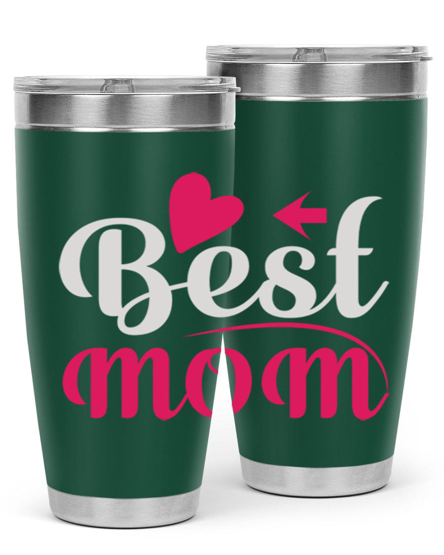 Best mom 201# tumbler in stainless steel with a drink-thru lid, showcasing its sleek design and vibrant print.