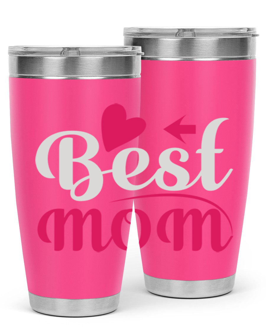 Best mom 201# tumbler in stainless steel with a drink-thru lid, showcasing its sleek design and vibrant print.