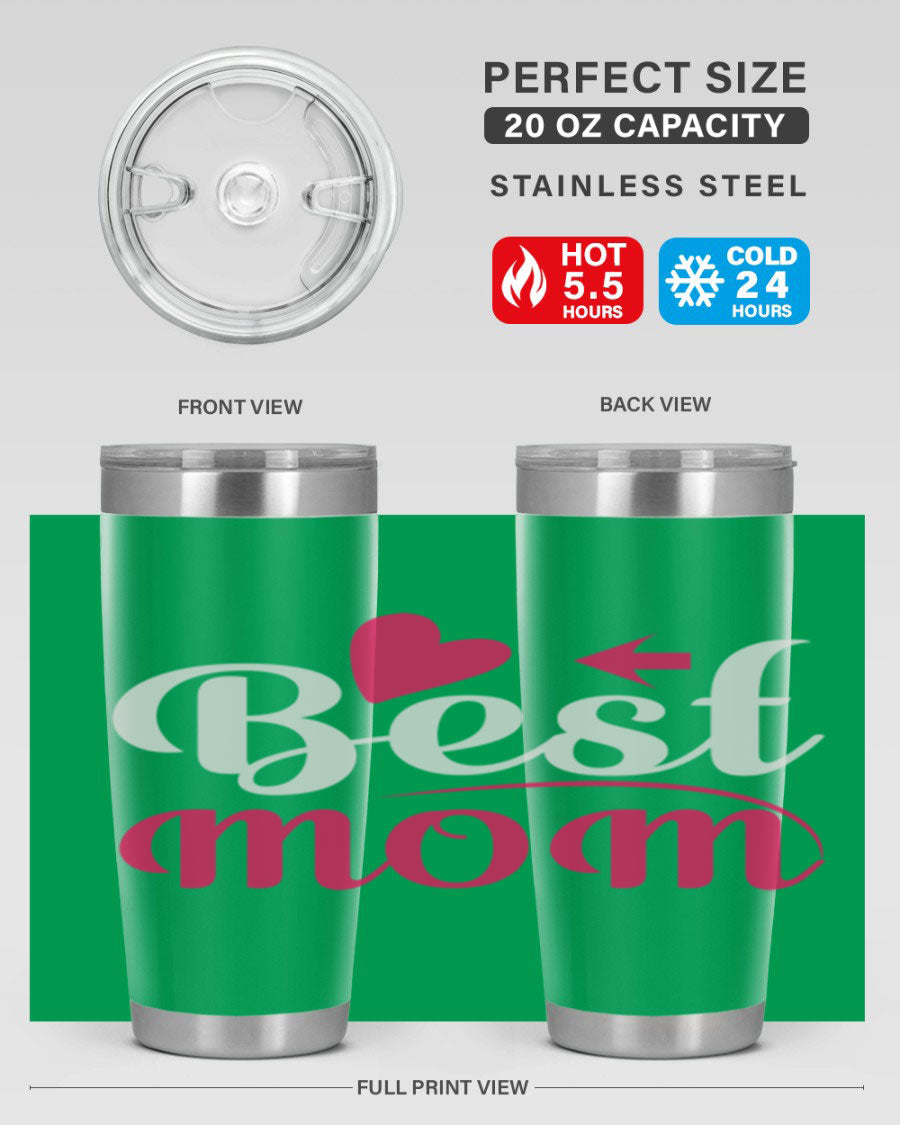 Best mom 201# tumbler in stainless steel with a drink-thru lid, showcasing its sleek design and vibrant print.