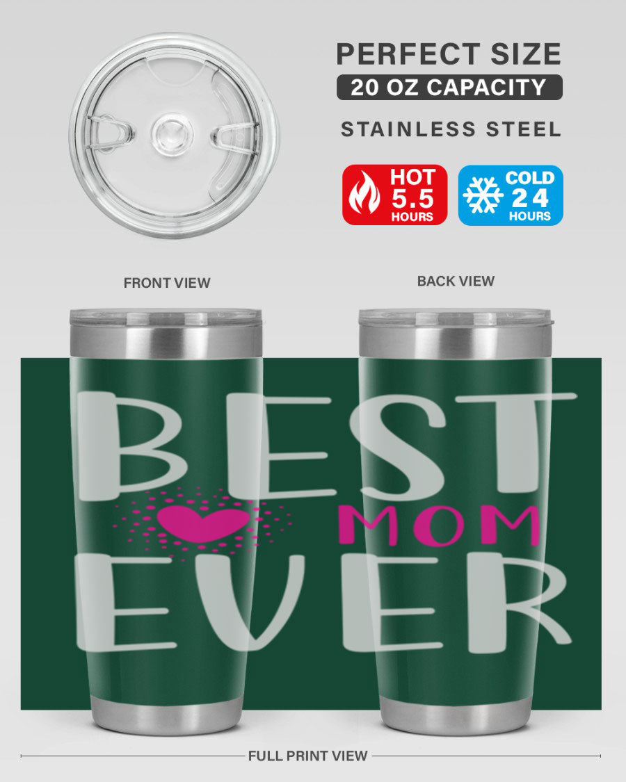 Best Mom 203# Tumbler in stainless steel with a vibrant print, showcasing its double wall vacuum design and drink-thru lid.