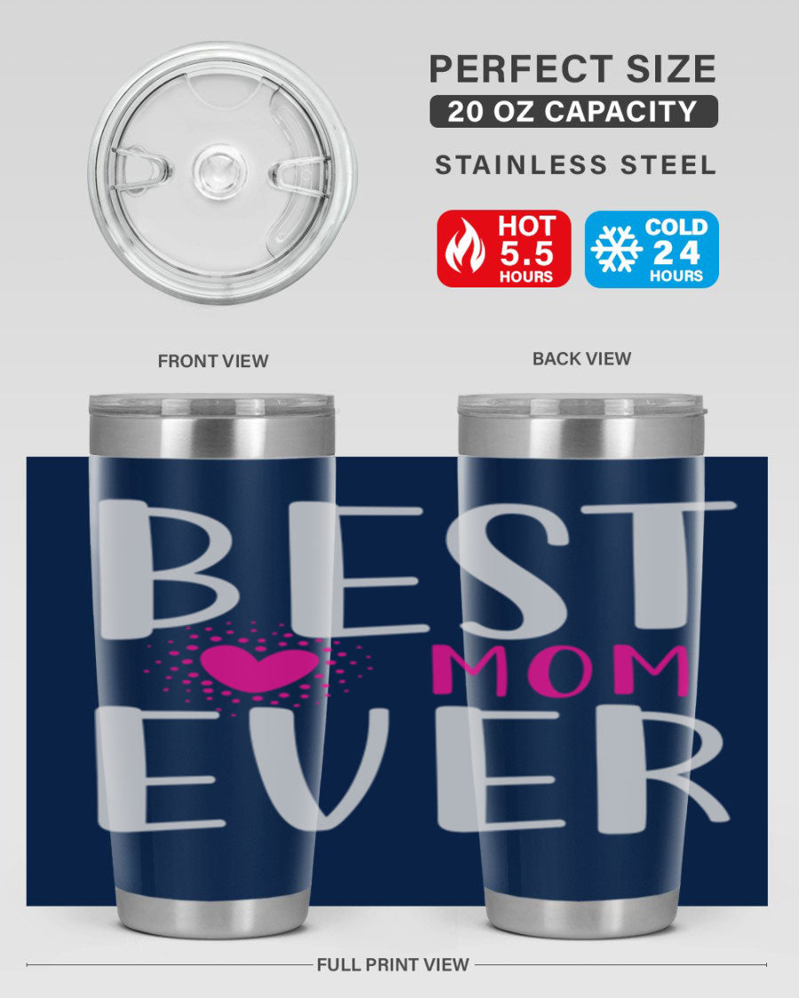 Best Mom 203# Tumbler in stainless steel with a vibrant print, showcasing its double wall vacuum design and drink-thru lid.