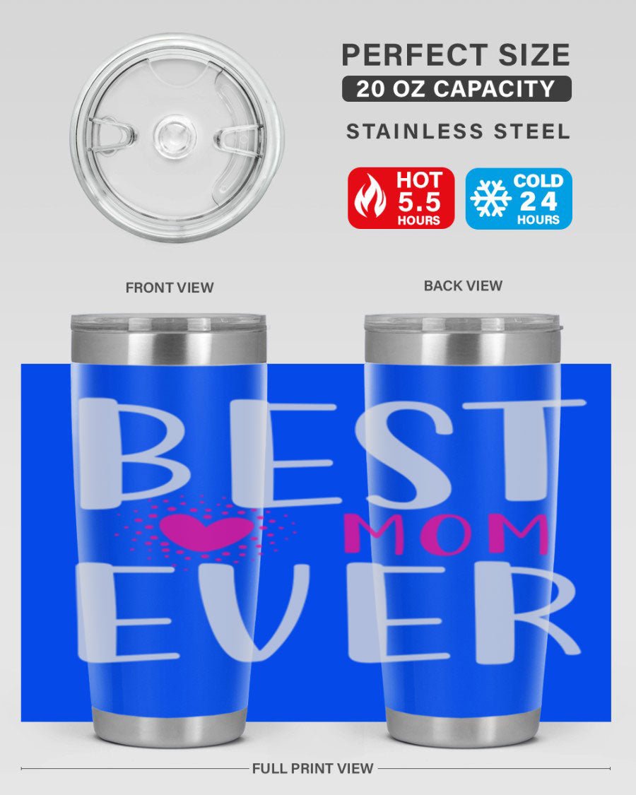 Best Mom 203# Tumbler in stainless steel with a vibrant print, showcasing its double wall vacuum design and drink-thru lid.