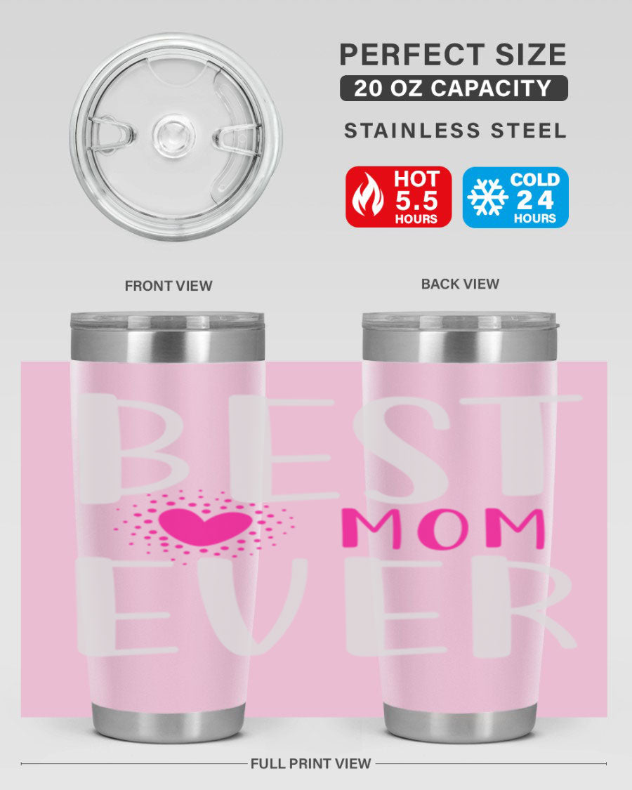 Best Mom 203# Tumbler in stainless steel with a vibrant print, showcasing its double wall vacuum design and drink-thru lid.