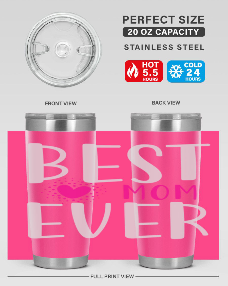 Best Mom 203# Tumbler in stainless steel with a vibrant print, showcasing its double wall vacuum design and drink-thru lid.