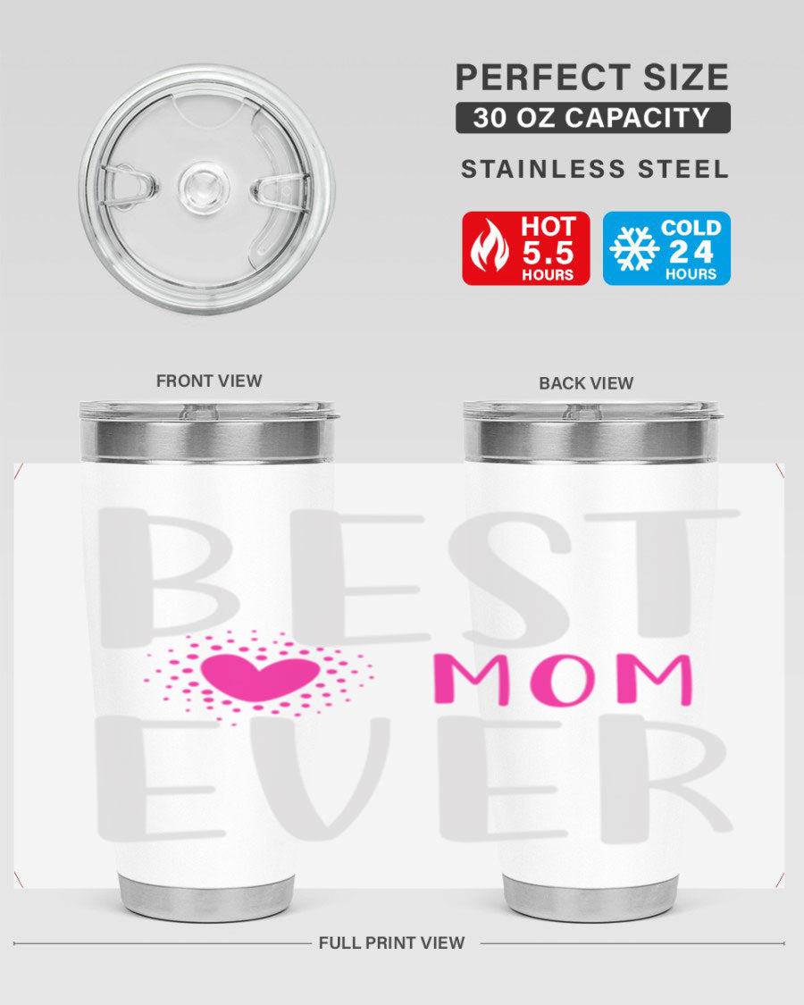 Best Mom 203# Tumbler in stainless steel with a vibrant print, showcasing its double wall vacuum design and drink-thru lid.