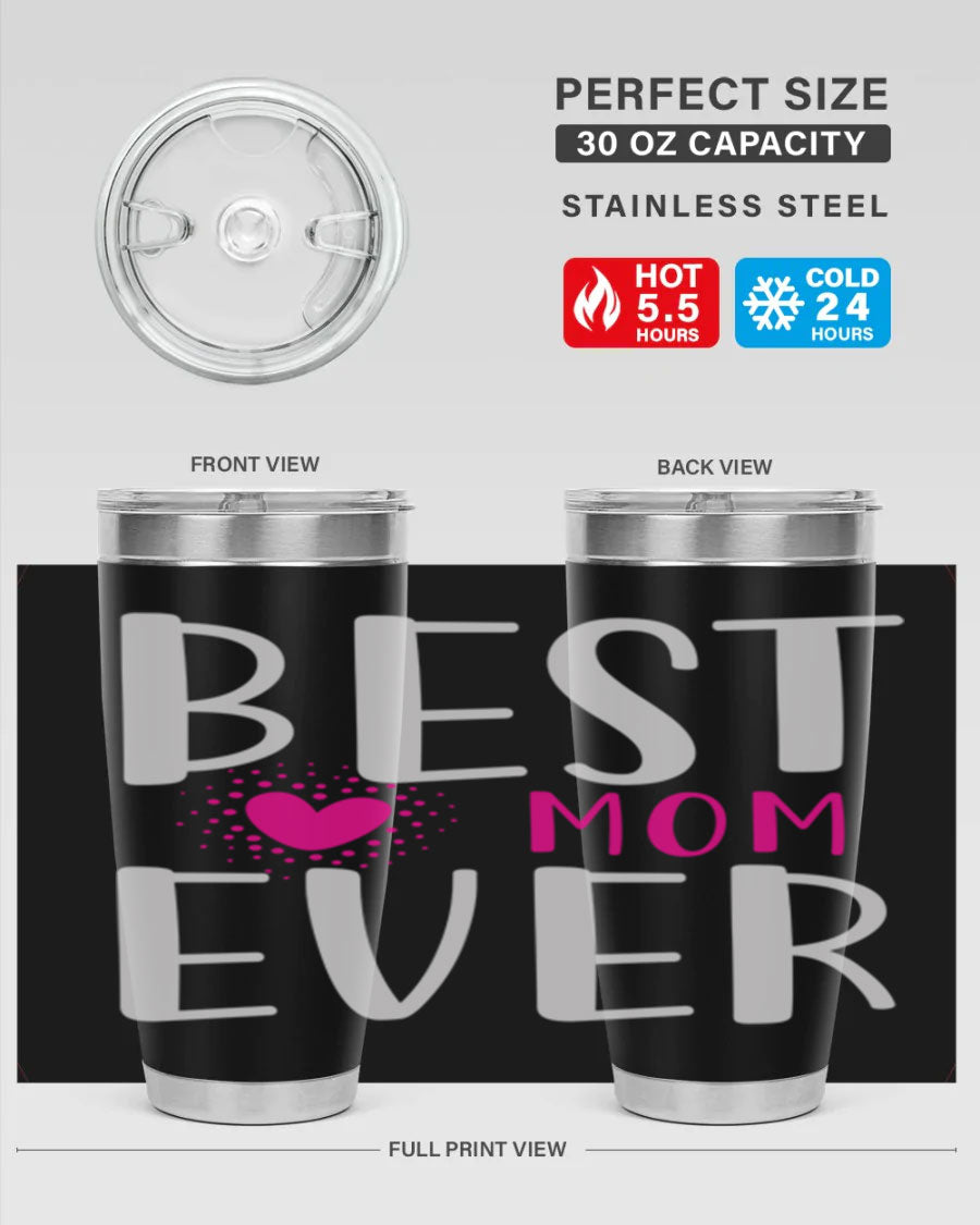 Best Mom 203# Tumbler in stainless steel with a vibrant print, showcasing its double wall vacuum design and drink-thru lid.