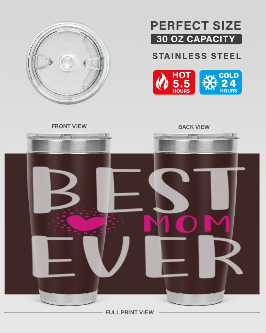 Best Mom 203# Tumbler in stainless steel with a vibrant print, showcasing its double wall vacuum design and drink-thru lid.