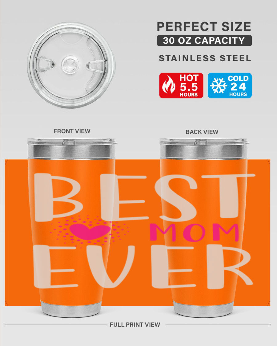 Best Mom 203# Tumbler in stainless steel with a vibrant print, showcasing its double wall vacuum design and drink-thru lid.