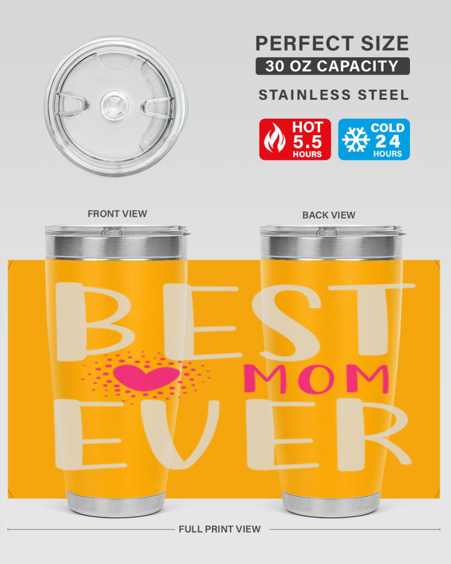 Best Mom 203# Tumbler in stainless steel with a vibrant print, showcasing its double wall vacuum design and drink-thru lid.