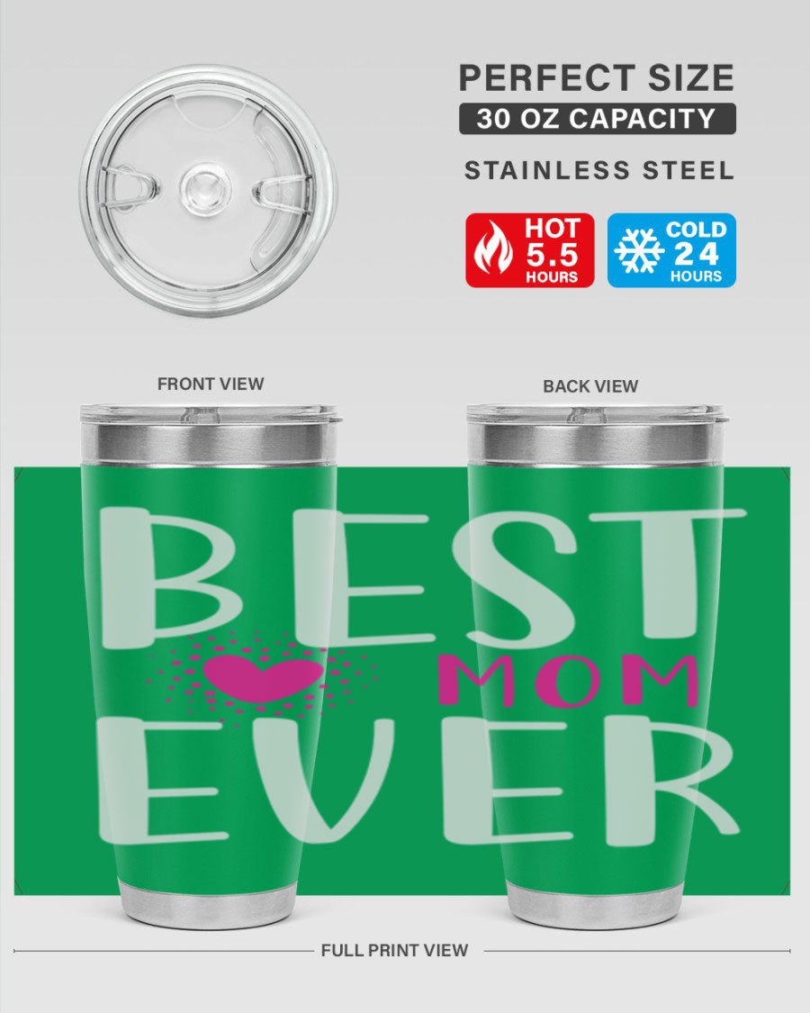 Best Mom 203# Tumbler in stainless steel with a vibrant print, showcasing its double wall vacuum design and drink-thru lid.