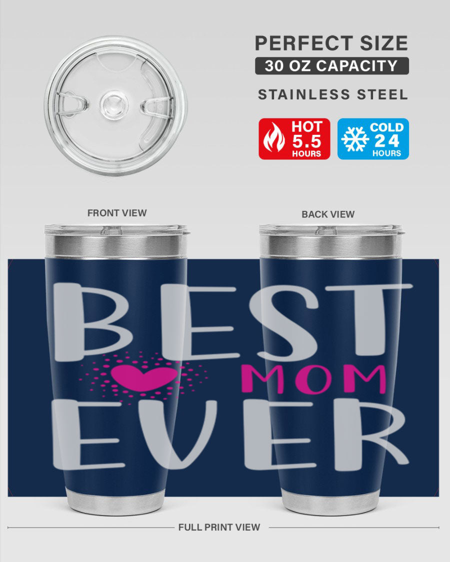 Best Mom 203# Tumbler in stainless steel with a vibrant print, showcasing its double wall vacuum design and drink-thru lid.