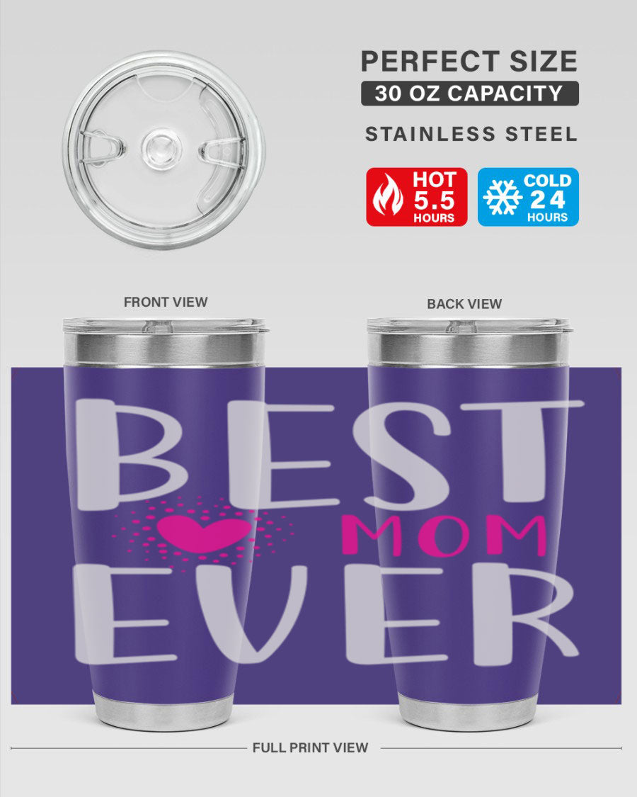 Best Mom 203# Tumbler in stainless steel with a vibrant print, showcasing its double wall vacuum design and drink-thru lid.