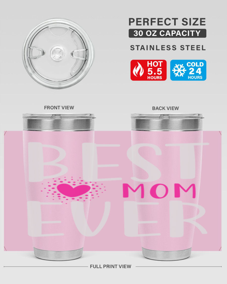 Best Mom 203# Tumbler in stainless steel with a vibrant print, showcasing its double wall vacuum design and drink-thru lid.