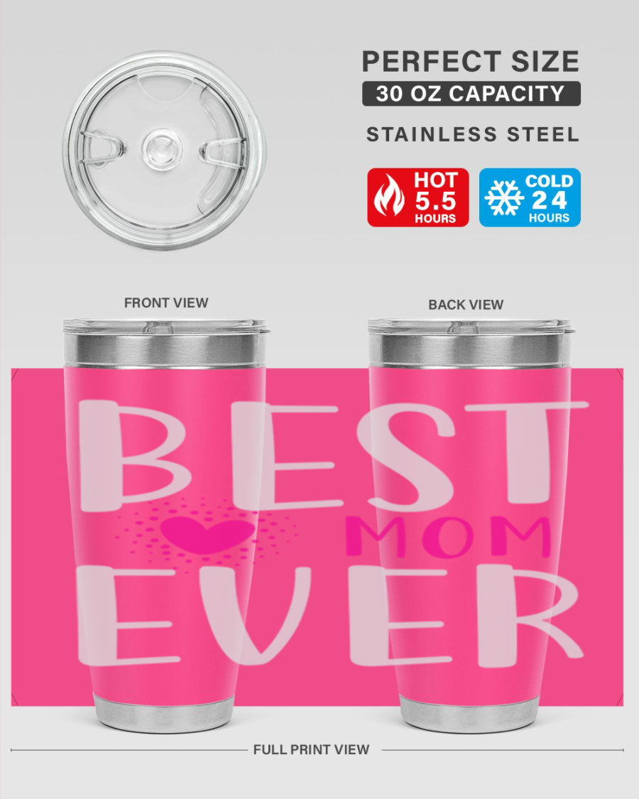 Best Mom 203# Tumbler in stainless steel with a vibrant print, showcasing its double wall vacuum design and drink-thru lid.