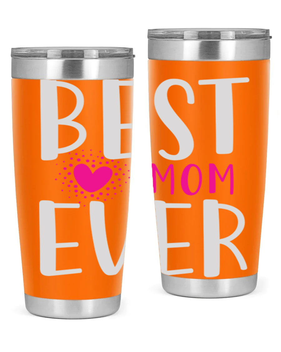 Best Mom 203# Tumbler in stainless steel with a vibrant print, showcasing its double wall vacuum design and drink-thru lid.