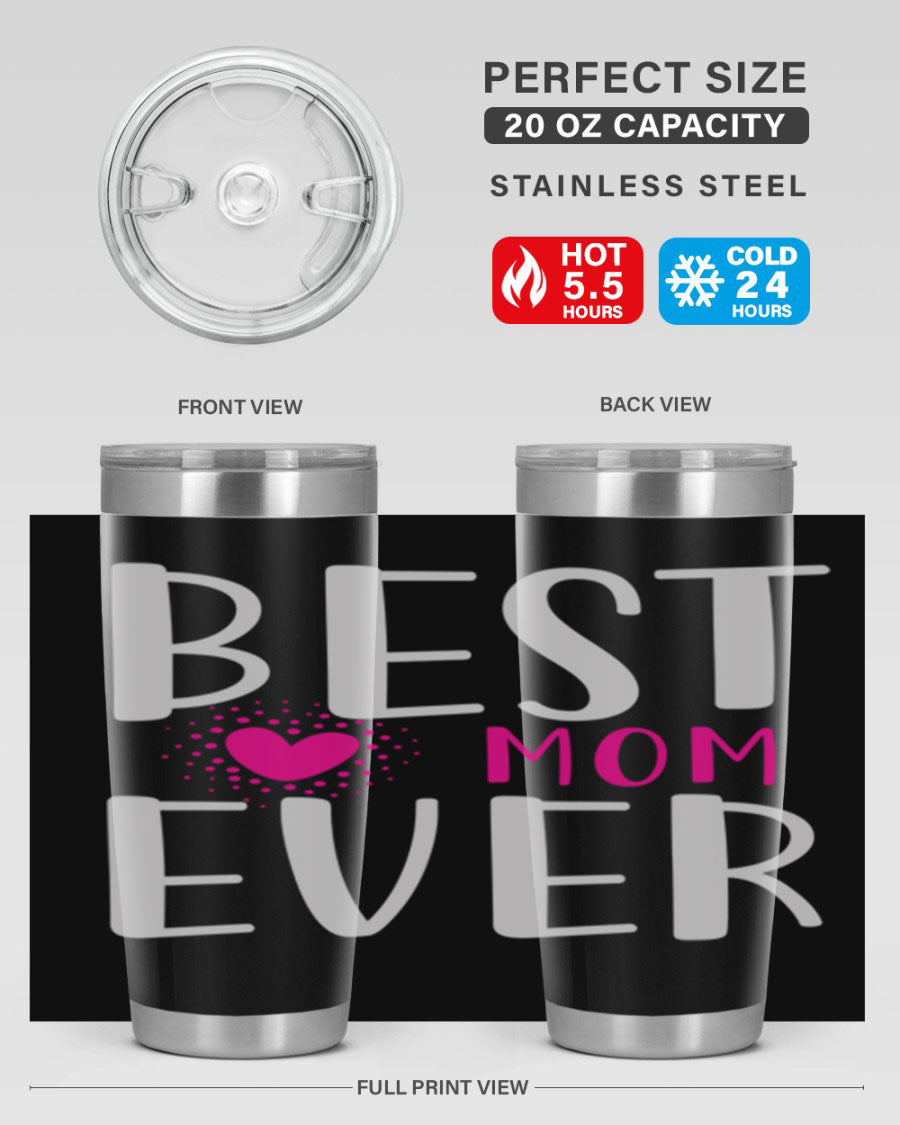 Best Mom 203# Tumbler in stainless steel with a vibrant print, showcasing its double wall vacuum design and drink-thru lid.