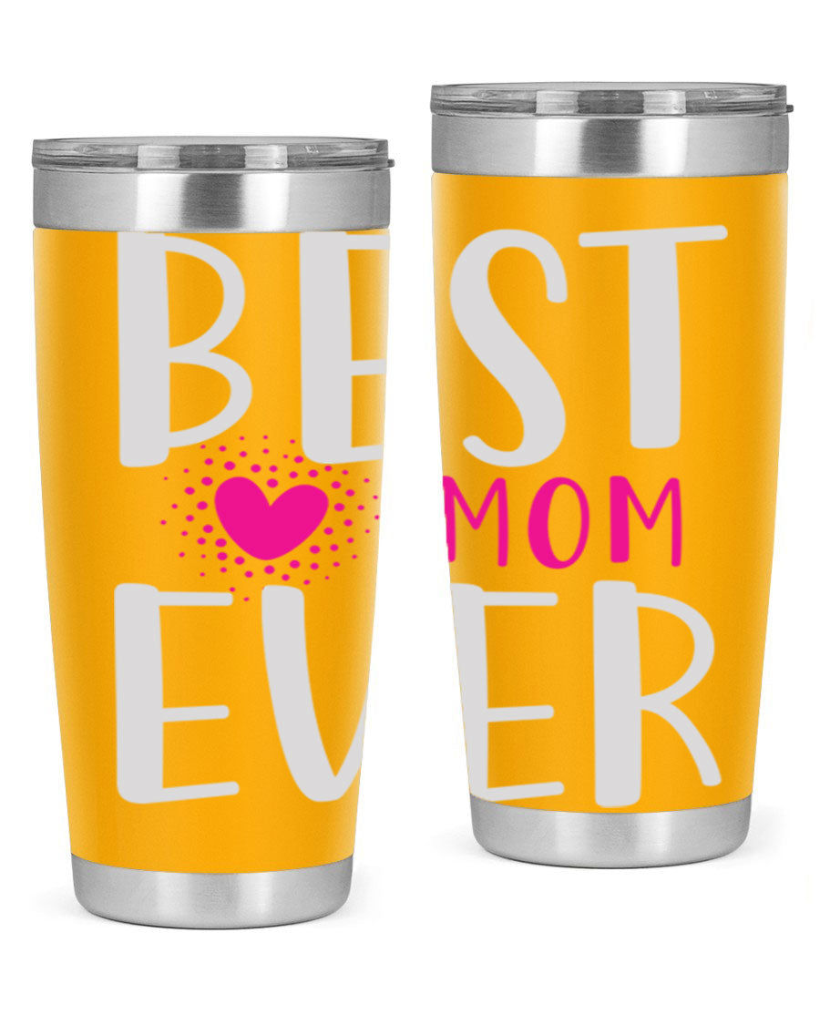 Best Mom 203# Tumbler in stainless steel with a vibrant print, showcasing its double wall vacuum design and drink-thru lid.