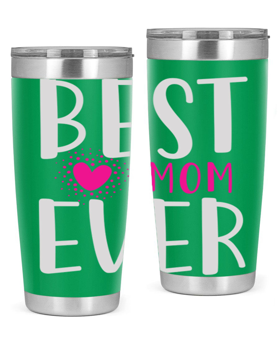 Best Mom 203# Tumbler in stainless steel with a vibrant print, showcasing its double wall vacuum design and drink-thru lid.