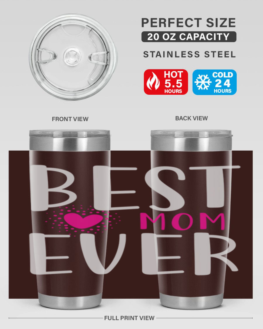 Best Mom 203# Tumbler in stainless steel with a vibrant print, showcasing its double wall vacuum design and drink-thru lid.