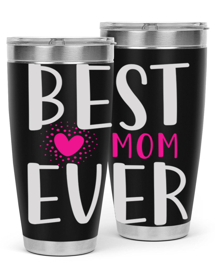 Best Mom 203# Tumbler in stainless steel with a vibrant print, showcasing its double wall vacuum design and drink-thru lid.