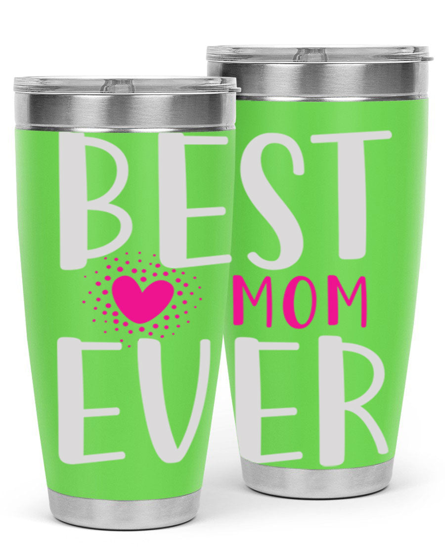 Best Mom 203# Tumbler in stainless steel with a vibrant print, showcasing its double wall vacuum design and drink-thru lid.