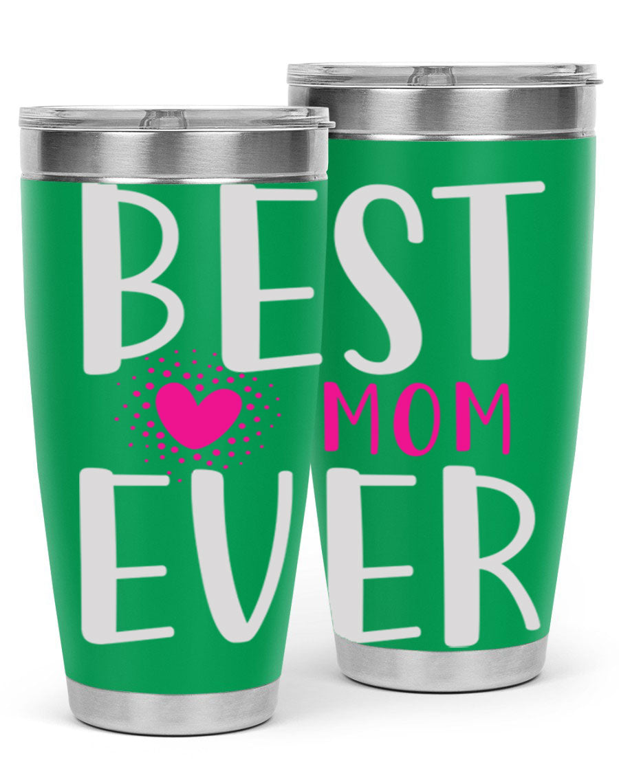 Best Mom 203# Tumbler in stainless steel with a vibrant print, showcasing its double wall vacuum design and drink-thru lid.