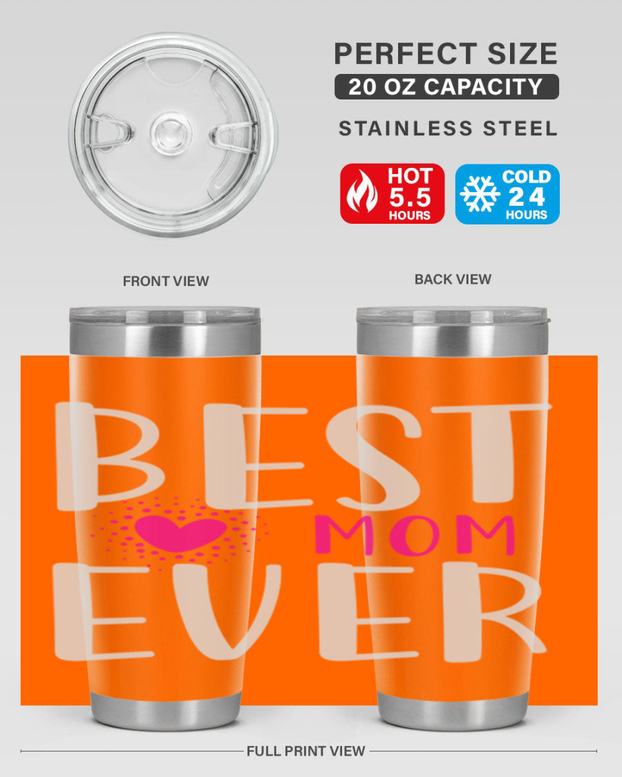 Best Mom 203# Tumbler in stainless steel with a vibrant print, showcasing its double wall vacuum design and drink-thru lid.