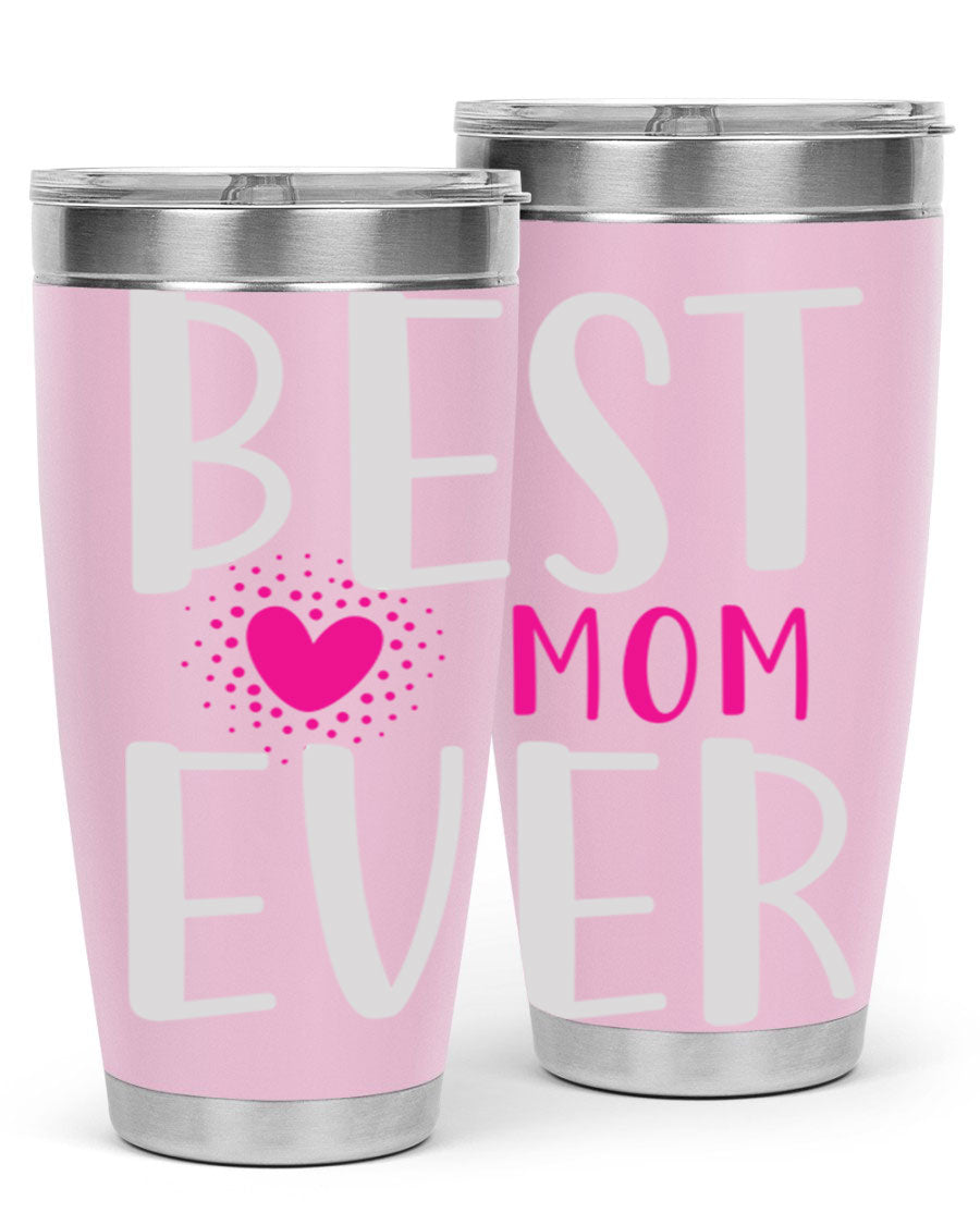 Best Mom 203# Tumbler in stainless steel with a vibrant print, showcasing its double wall vacuum design and drink-thru lid.