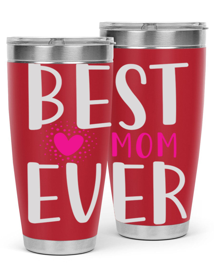 Best Mom 203# Tumbler in stainless steel with a vibrant print, showcasing its double wall vacuum design and drink-thru lid.