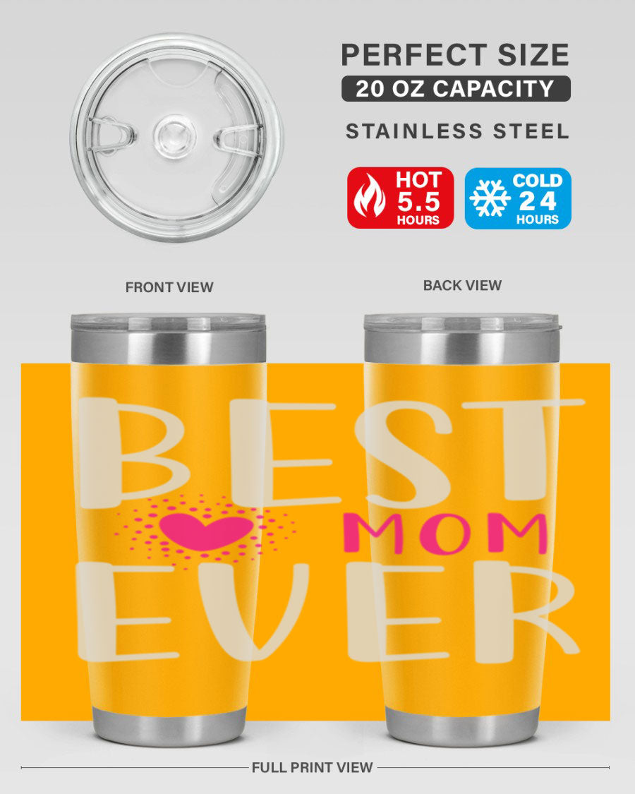 Best Mom 203# Tumbler in stainless steel with a vibrant print, showcasing its double wall vacuum design and drink-thru lid.