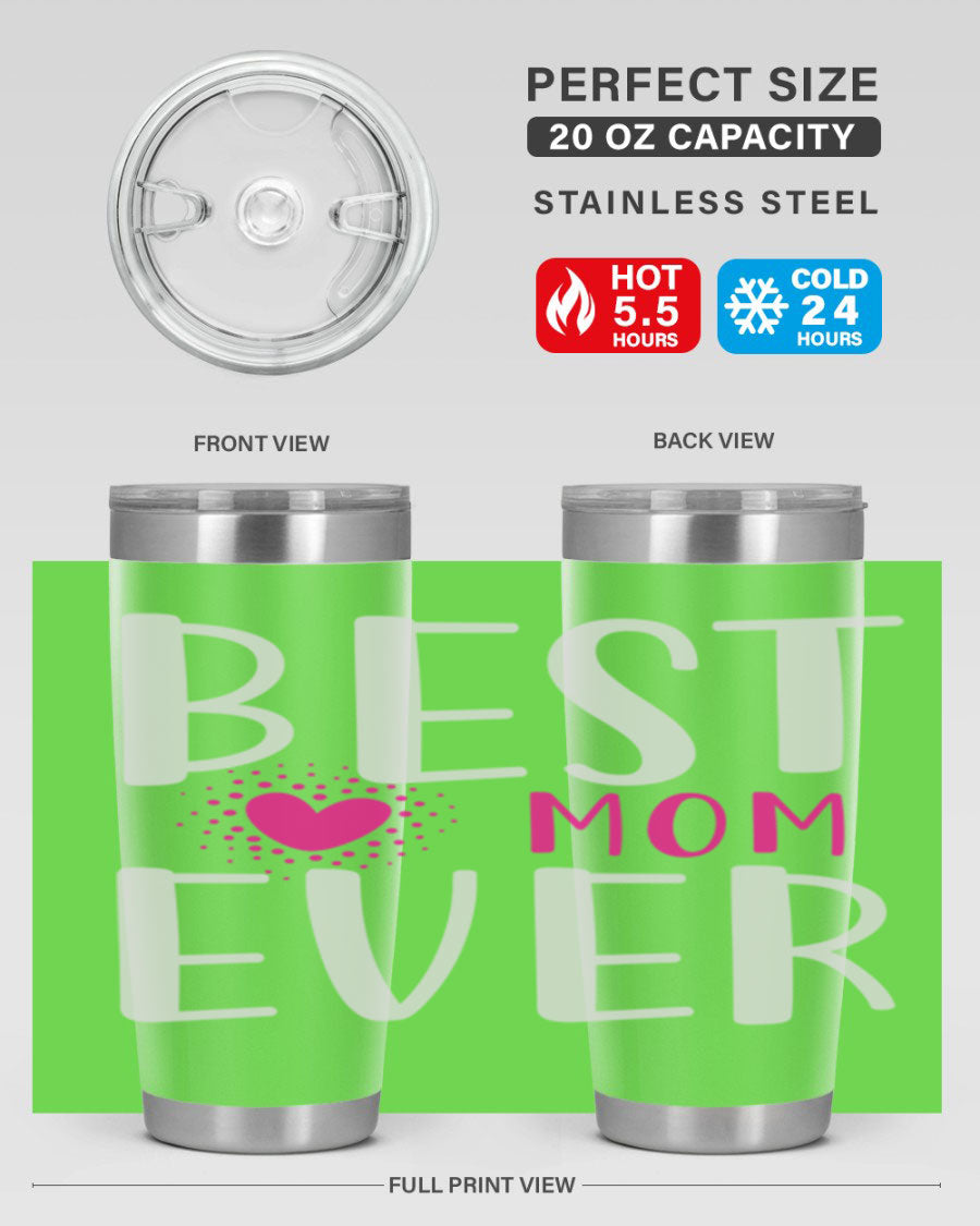 Best Mom 203# Tumbler in stainless steel with a vibrant print, showcasing its double wall vacuum design and drink-thru lid.