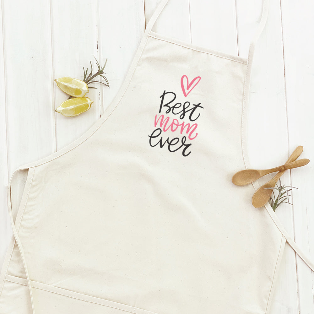 Best Mom Ever Women's Apron featuring elegant design, adjustable neck, and divided front pocket, made from durable cotton canvas.