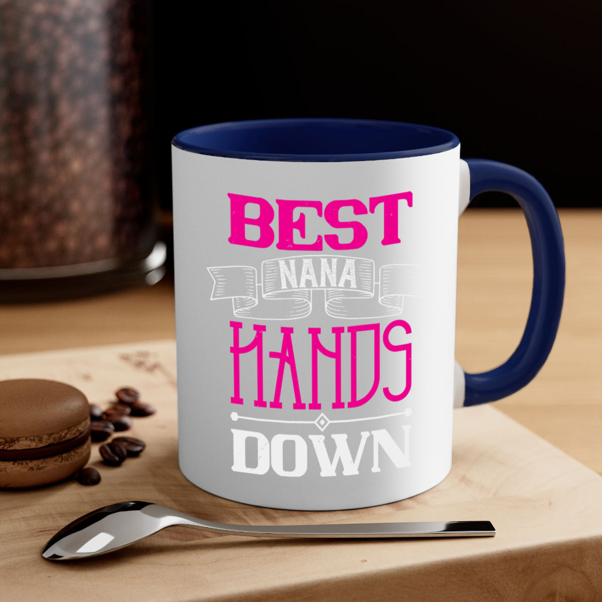 Best nana hands down 35# mug with colorful handle and glossy finish, available in multiple colors and sizes.