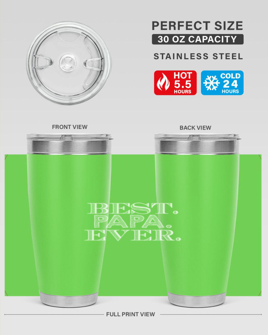 Best Papa Ever tumbler in stainless steel with a vibrant print, showcasing its double wall vacuum design.