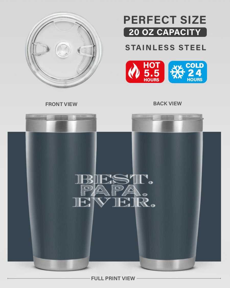 Best Papa Ever tumbler in stainless steel with a vibrant print, showcasing its double wall vacuum design.