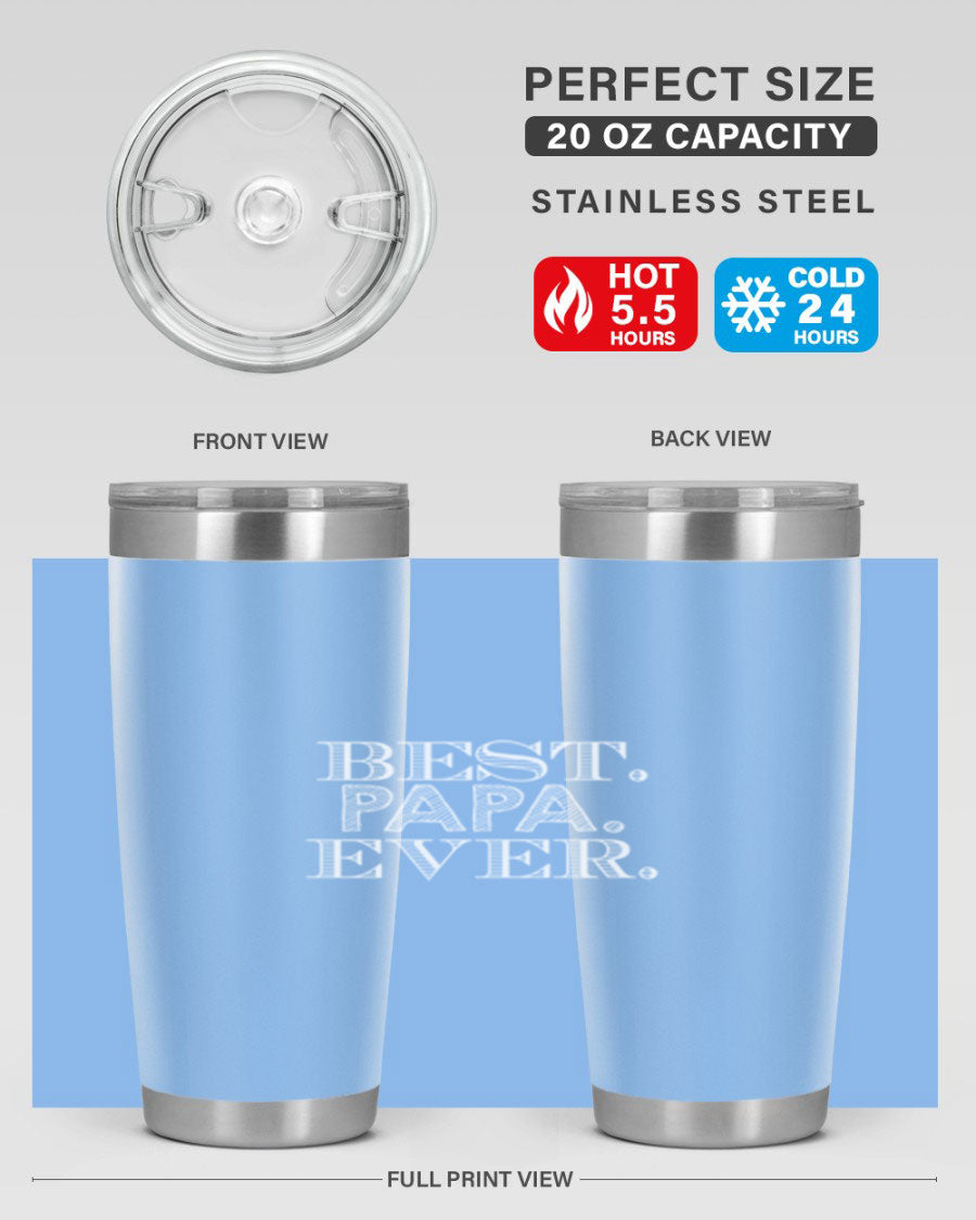 Best Papa Ever tumbler in stainless steel with a vibrant print, showcasing its double wall vacuum design.