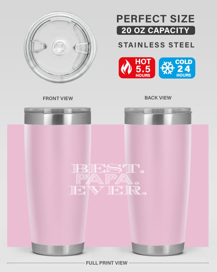 Best Papa Ever tumbler in stainless steel with a vibrant print, showcasing its double wall vacuum design.