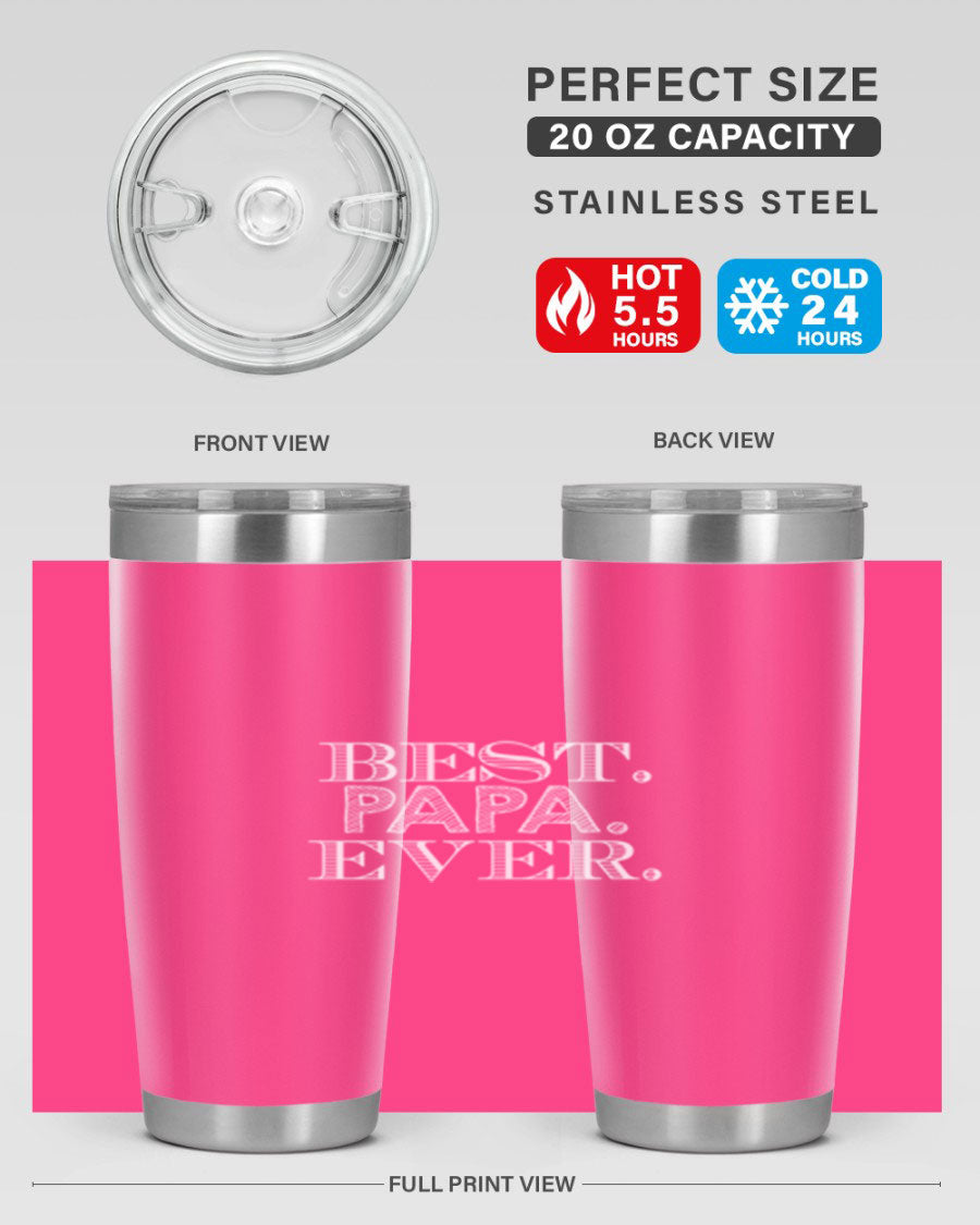 Best Papa Ever tumbler in stainless steel with a vibrant print, showcasing its double wall vacuum design.