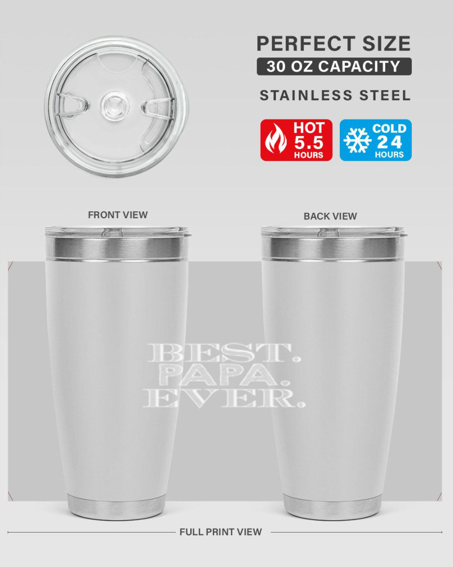 Best Papa Ever tumbler in stainless steel with a vibrant print, showcasing its double wall vacuum design.