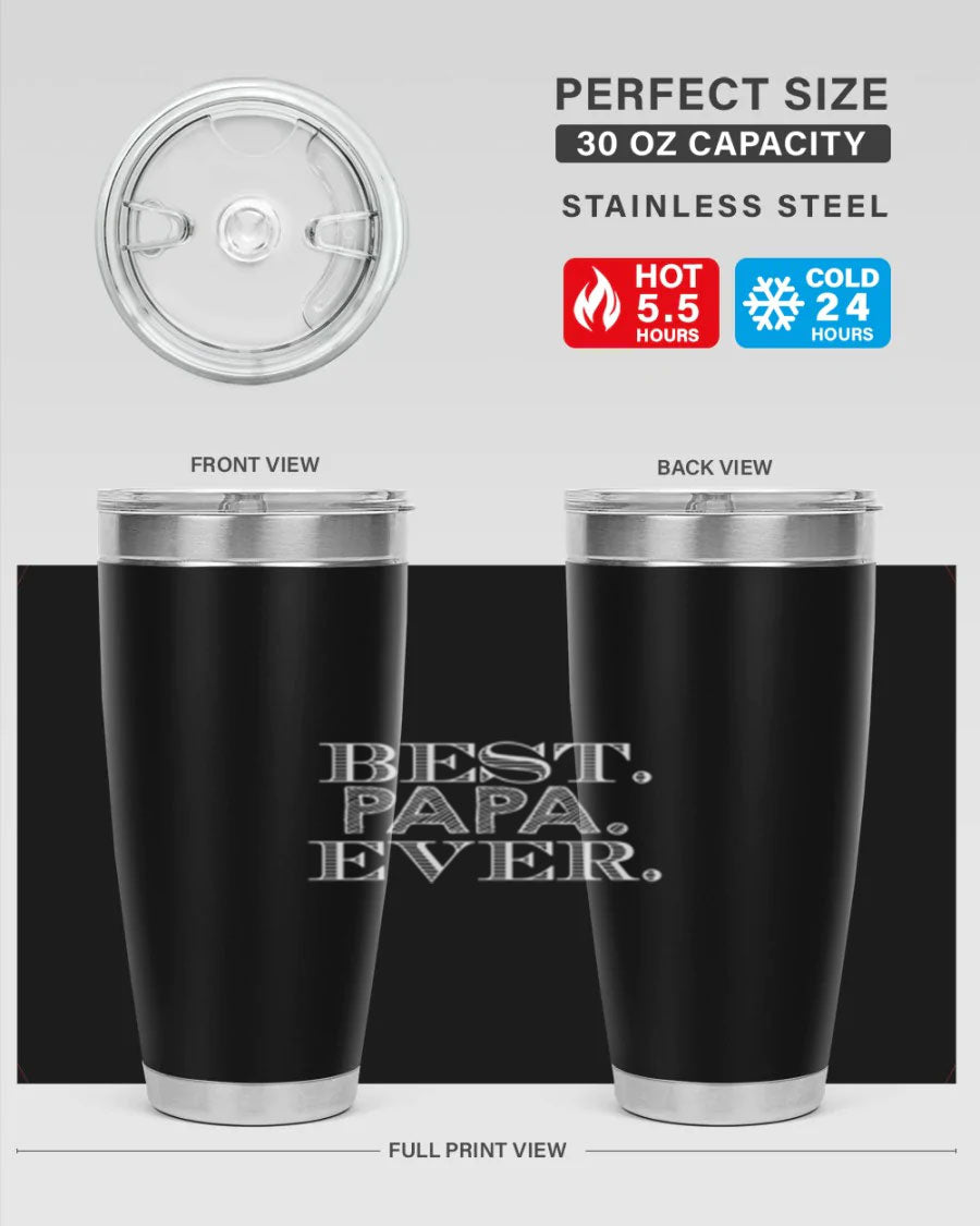 Best Papa Ever tumbler in stainless steel with a vibrant print, showcasing its double wall vacuum design.