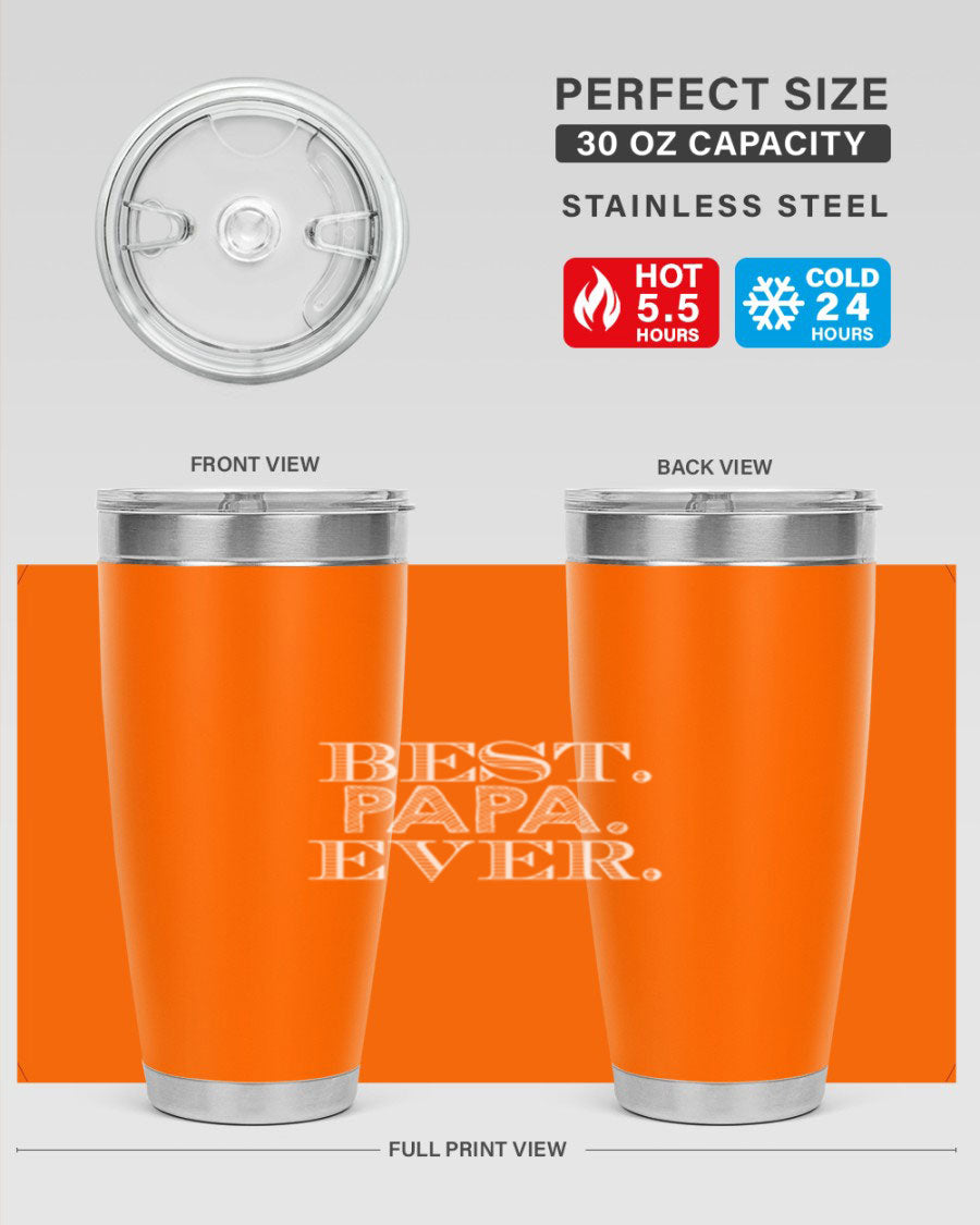 Best Papa Ever tumbler in stainless steel with a vibrant print, showcasing its double wall vacuum design.