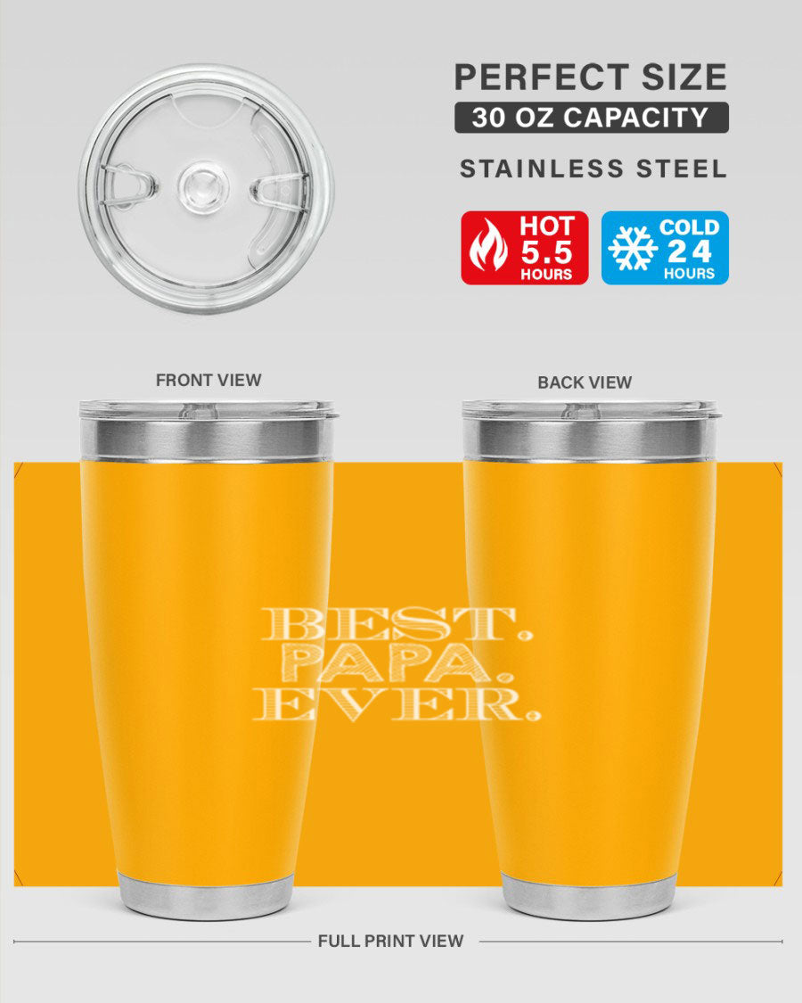 Best Papa Ever tumbler in stainless steel with a vibrant print, showcasing its double wall vacuum design.