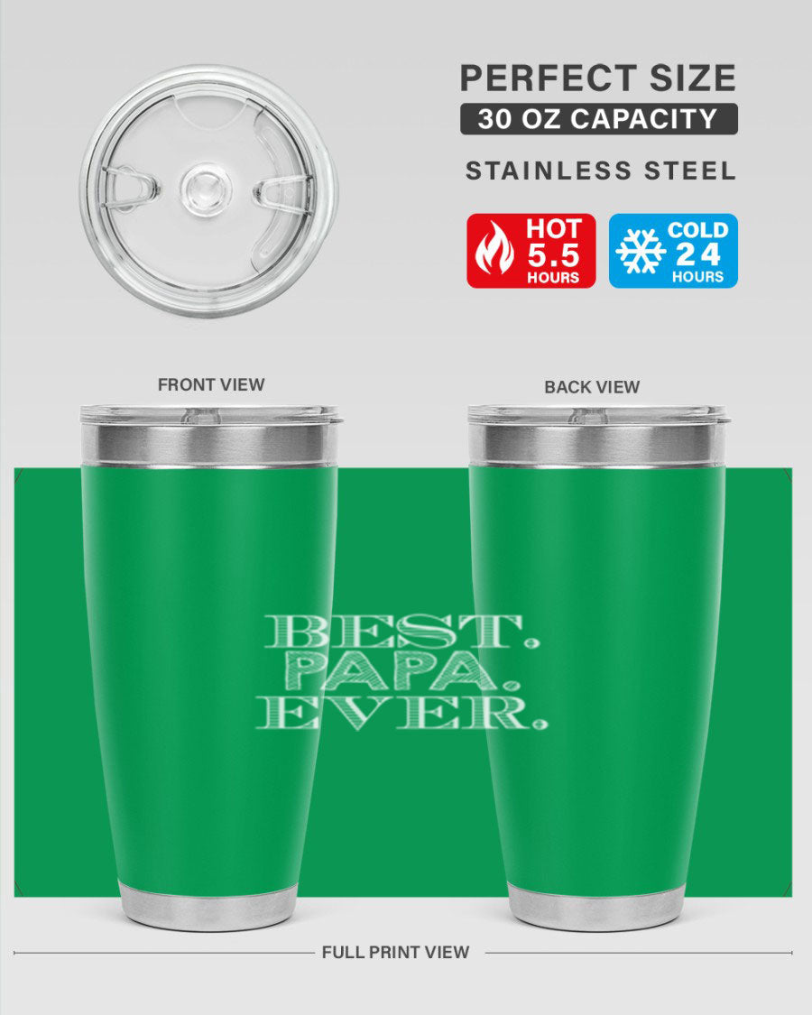 Best Papa Ever tumbler in stainless steel with a vibrant print, showcasing its double wall vacuum design.