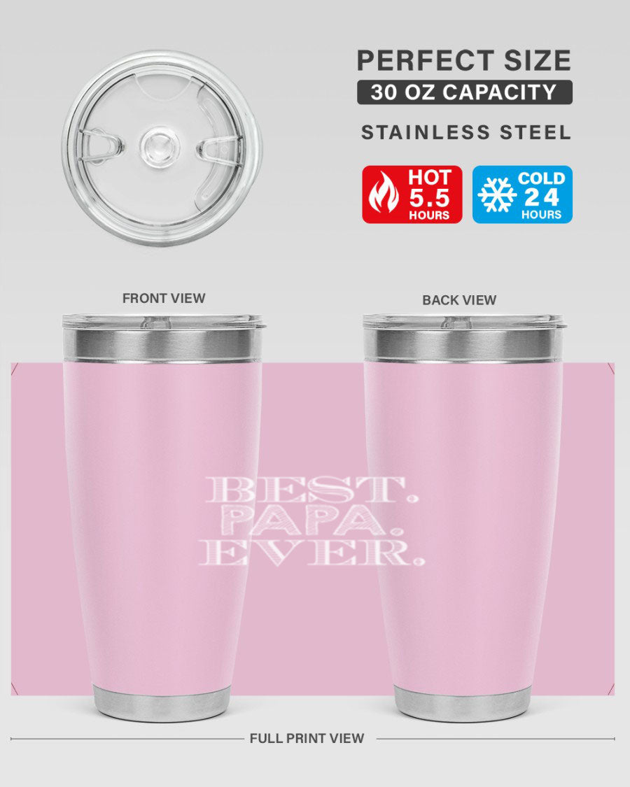 Best Papa Ever tumbler in stainless steel with a vibrant print, showcasing its double wall vacuum design.