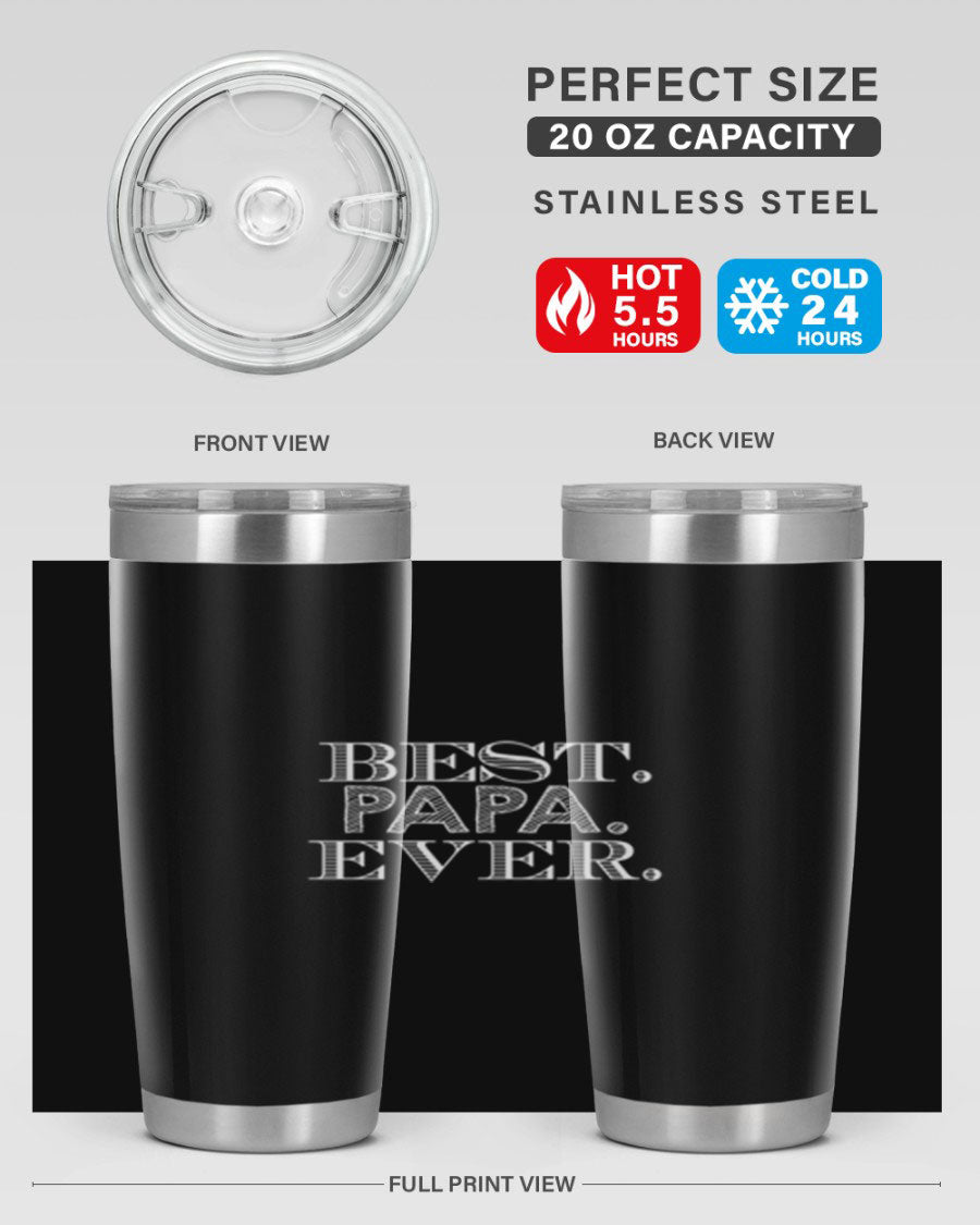 Best Papa Ever tumbler in stainless steel with a vibrant print, showcasing its double wall vacuum design.